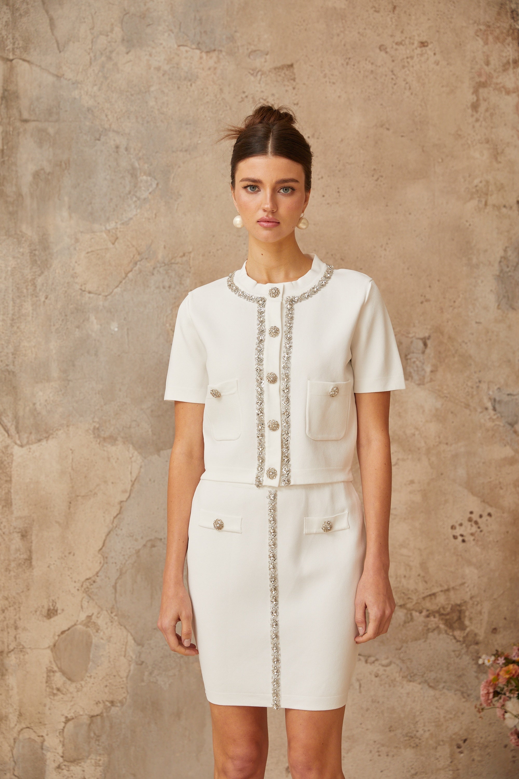 Molly | white crystal-embellished knit skirt