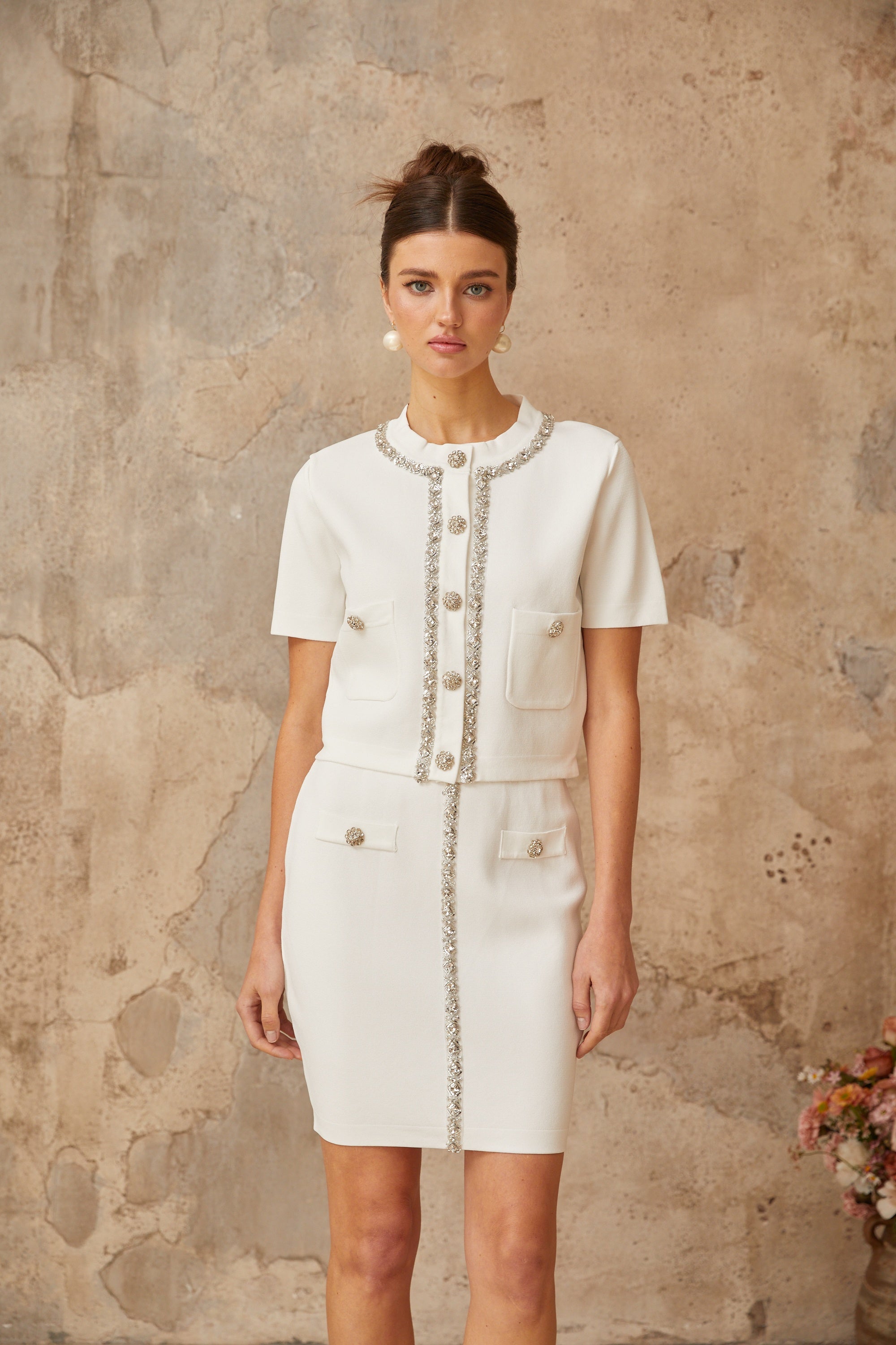 Molly | white crystal-embellished knit skirt