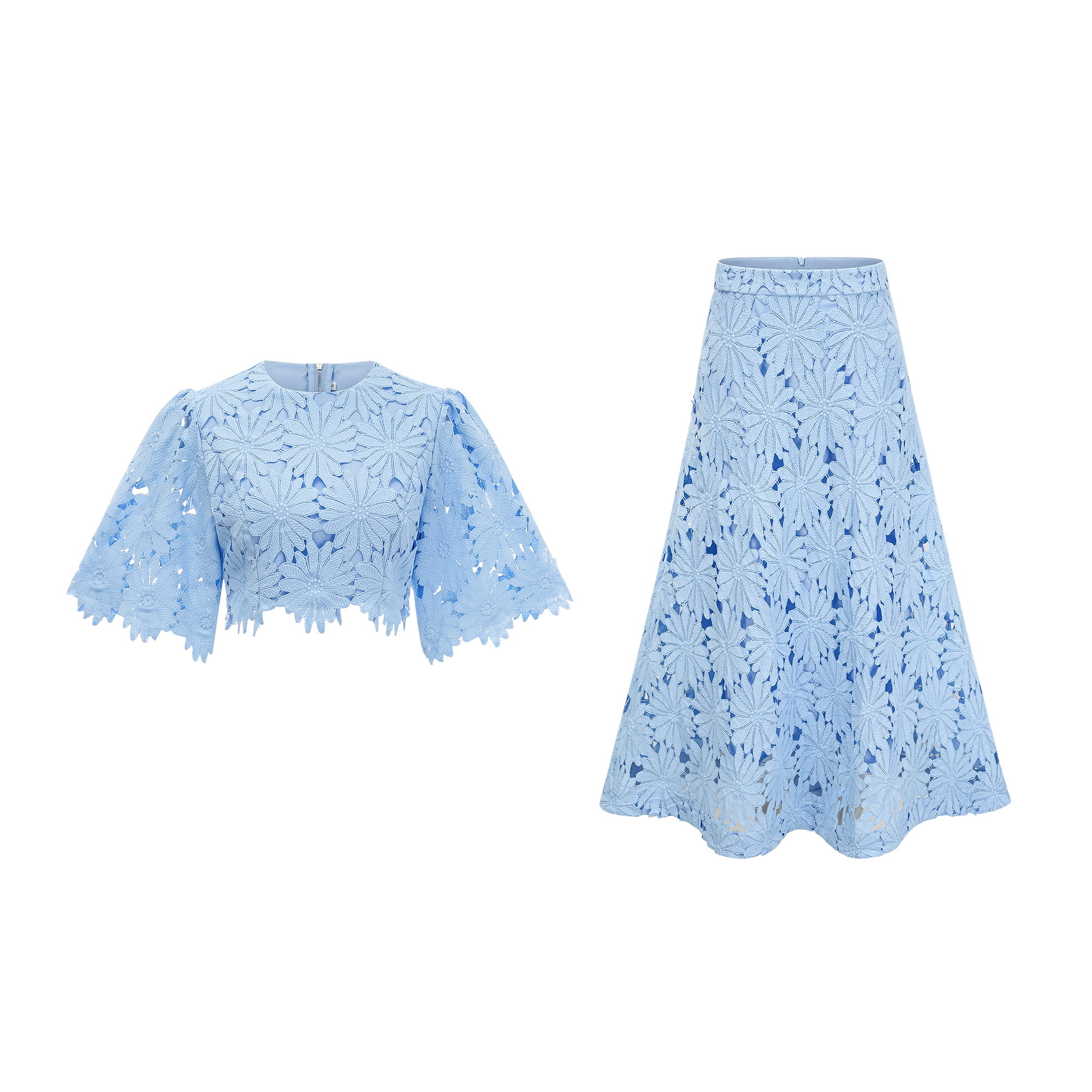 Audrey blue guipure-lace top & skirt matching set