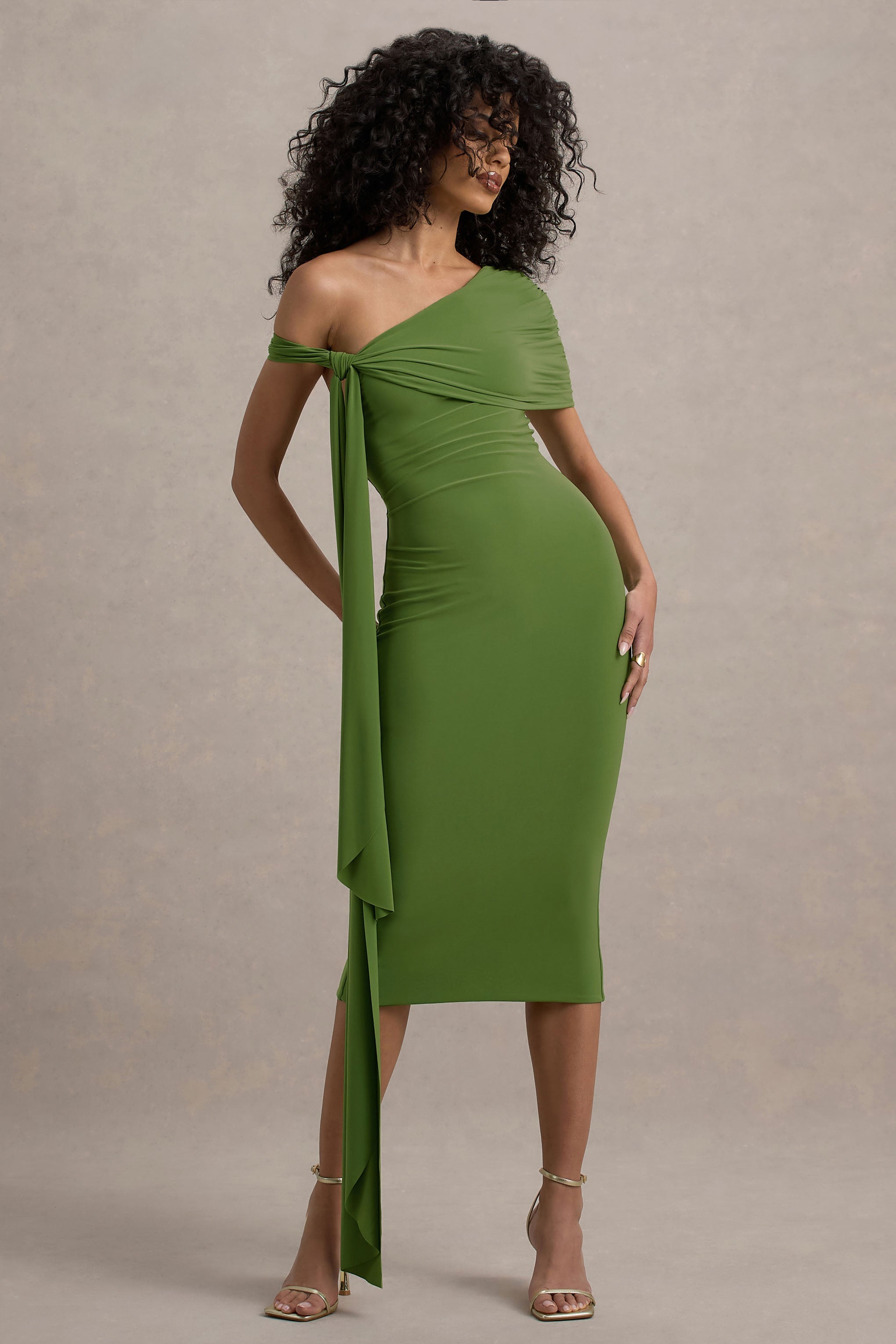 Vally | One-Shoulder Draped Midi Dress